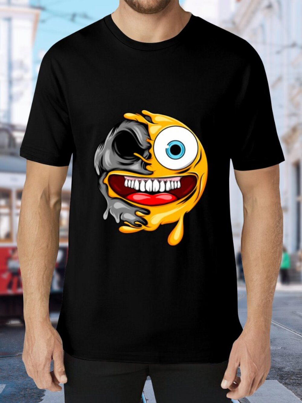 Men's Black Short Sleeve Graphic Tee with Yellow Dripping Smile Design